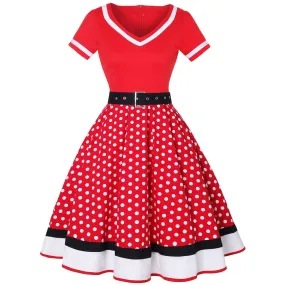 2021 Plus Size Women Vintage Dress Belt Patchwork Polka Dot V-Neck Short Sleeve Hepburn Sundress Pin Up 50s 60s Party Vestidos