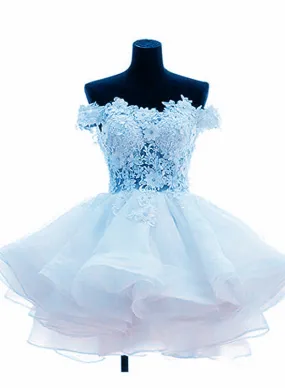 Adorable Light Blue Layers Organza Party Dress with Lace, Off Shoulder Short Prom Dress