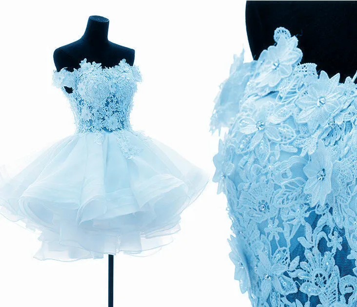 Adorable Light Blue Layers Organza Party Dress with Lace, Off Shoulder Short Prom Dress