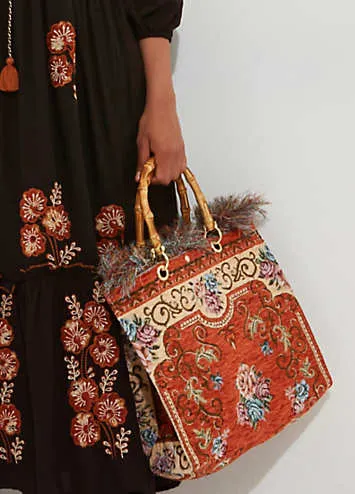 Bamboo Handle Vintage Floral Print Fringed Carpet Bag by Joe Browns | Look Again