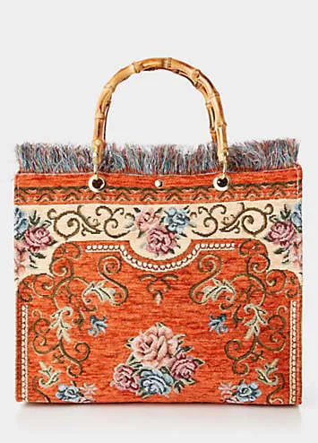 Bamboo Handle Vintage Floral Print Fringed Carpet Bag by Joe Browns | Look Again