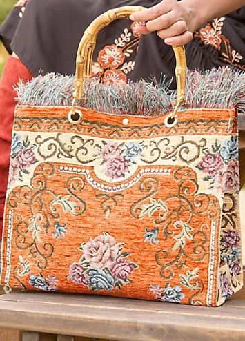 Bamboo Handle Vintage Floral Print Fringed Carpet Bag by Joe Browns | Look Again