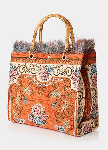 Bamboo Handle Vintage Floral Print Fringed Carpet Bag by Joe Browns | Look Again