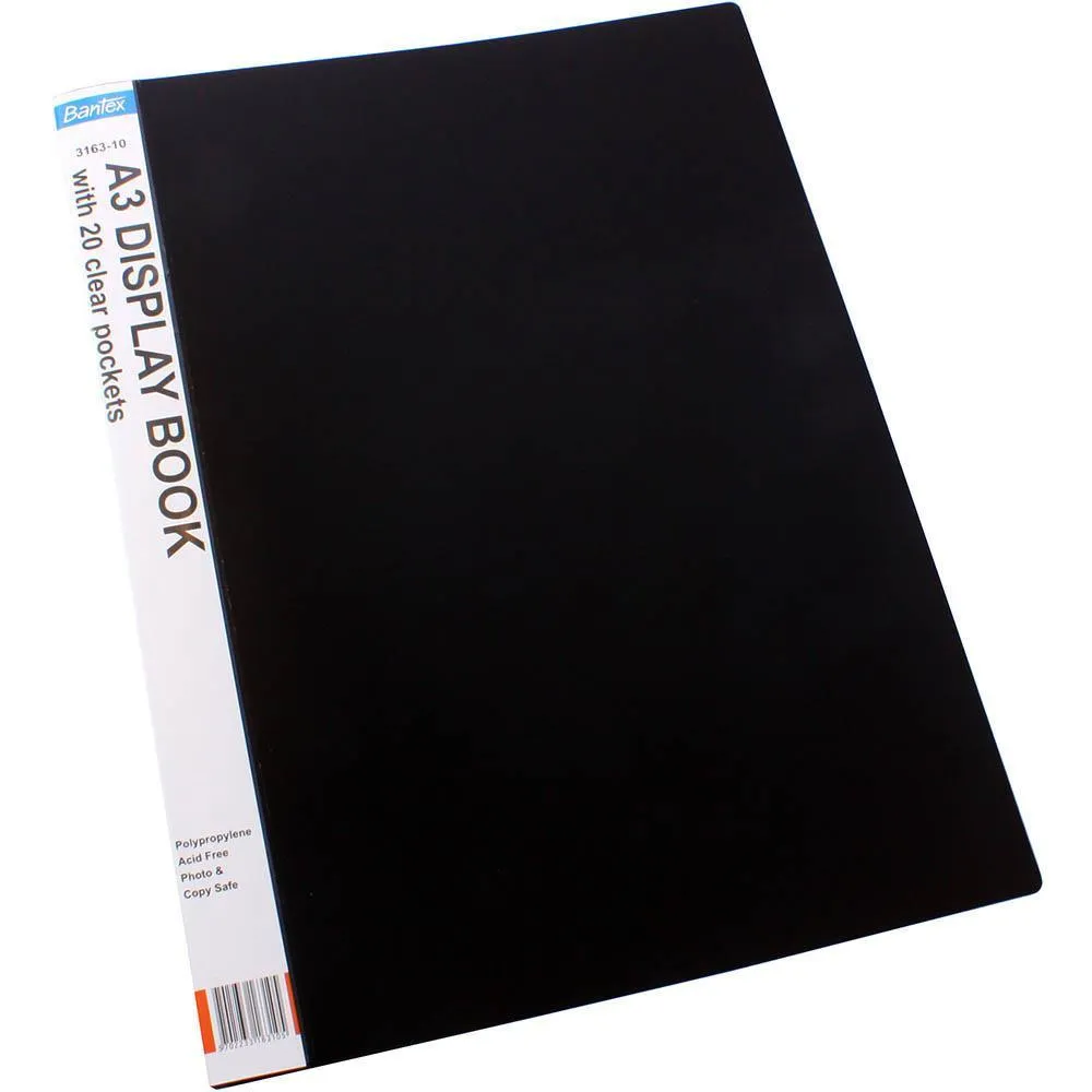 Bantex Display Book Portrait 20 Pocket Sleeves Insert Spine Fixed A3 Black Pack 5