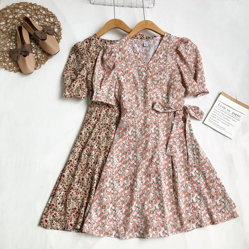 Beach Vintage Floral Print Wrap Dress Belted V Neck Short Puff Sleeve Mini Dress