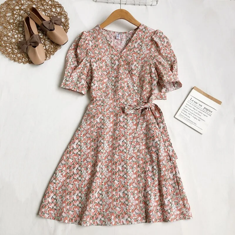 Beach Vintage Floral Print Wrap Dress Belted V Neck Short Puff Sleeve Mini Dress