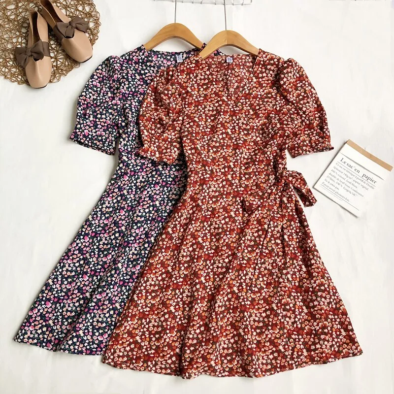 Beach Vintage Floral Print Wrap Dress Belted V Neck Short Puff Sleeve Mini Dress