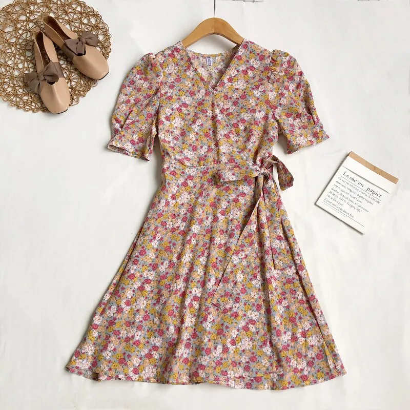 Beach Vintage Floral Print Wrap Dress Belted V Neck Short Puff Sleeve Mini Dress