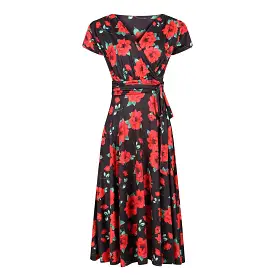 Black And Red Rose Print Cap Sleeve Fit And Flare Midi Dress