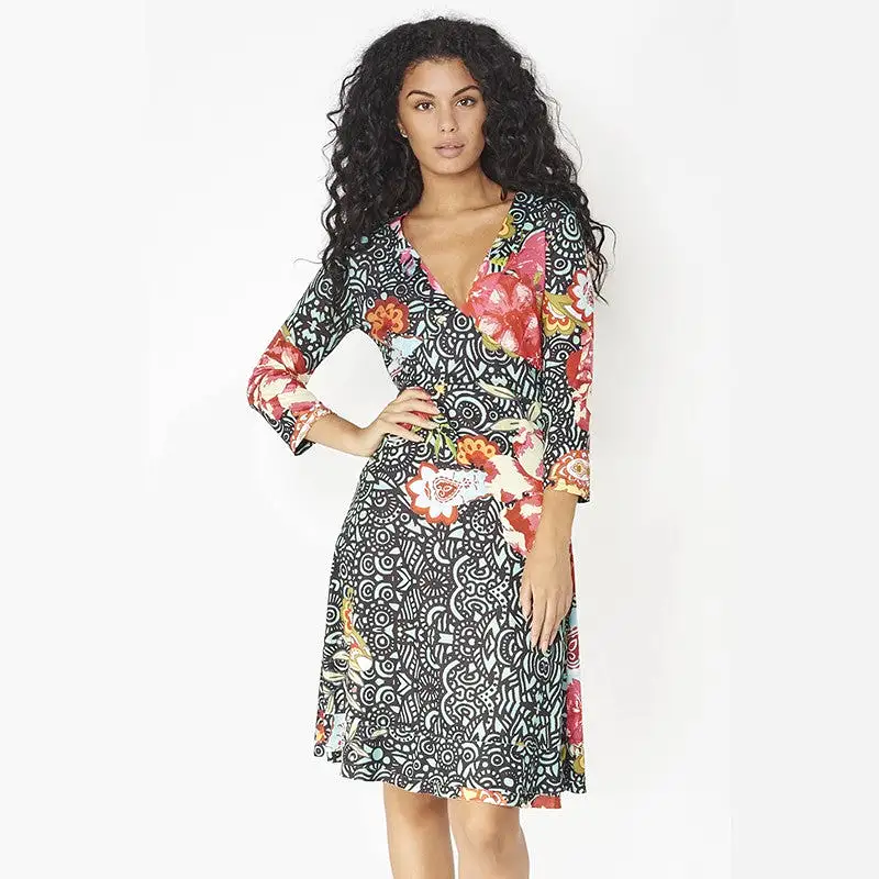 Black Floral V Neck 3/4 Dress