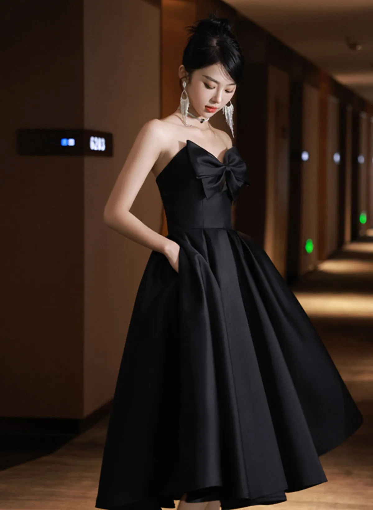 Black Satin High Low Sweetheart Homecoming Dress, Black Short Party Dress with Bow