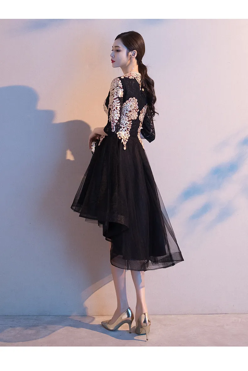 Black Tulle High Low Dress with Lace Applique, Short Wedding Party Dress