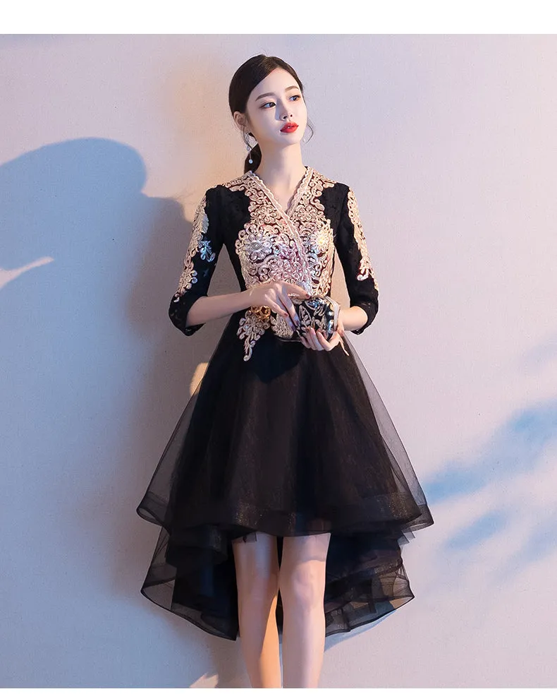 Black Tulle High Low Dress with Lace Applique, Short Wedding Party Dress