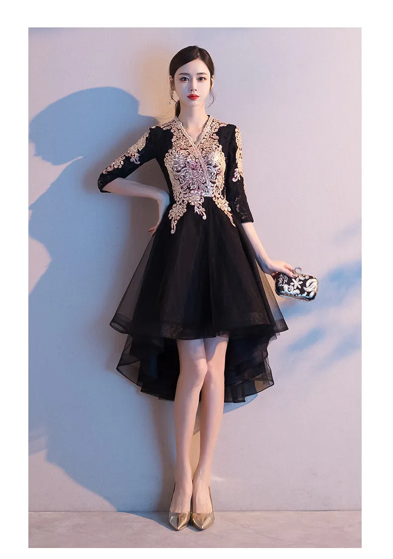 Black Tulle High Low Dress with Lace Applique, Short Wedding Party Dress