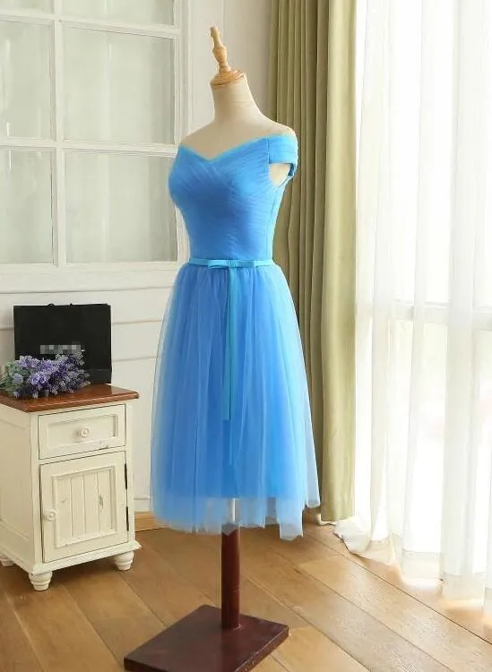 Blue Off Shoulder Tulle Short Prom Dress, Blue Bridesmaid Dress Party Dress