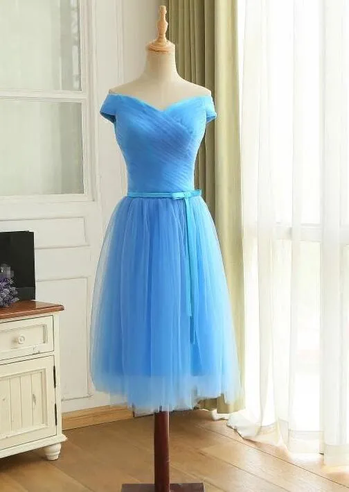 Blue Off Shoulder Tulle Short Prom Dress, Blue Bridesmaid Dress Party Dress