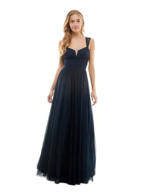 CITY STUDIO Womens Navy Zippered Pleated Lined Tulle Mesh Sleeveless V Neck Full-Length Formal Gown Dress