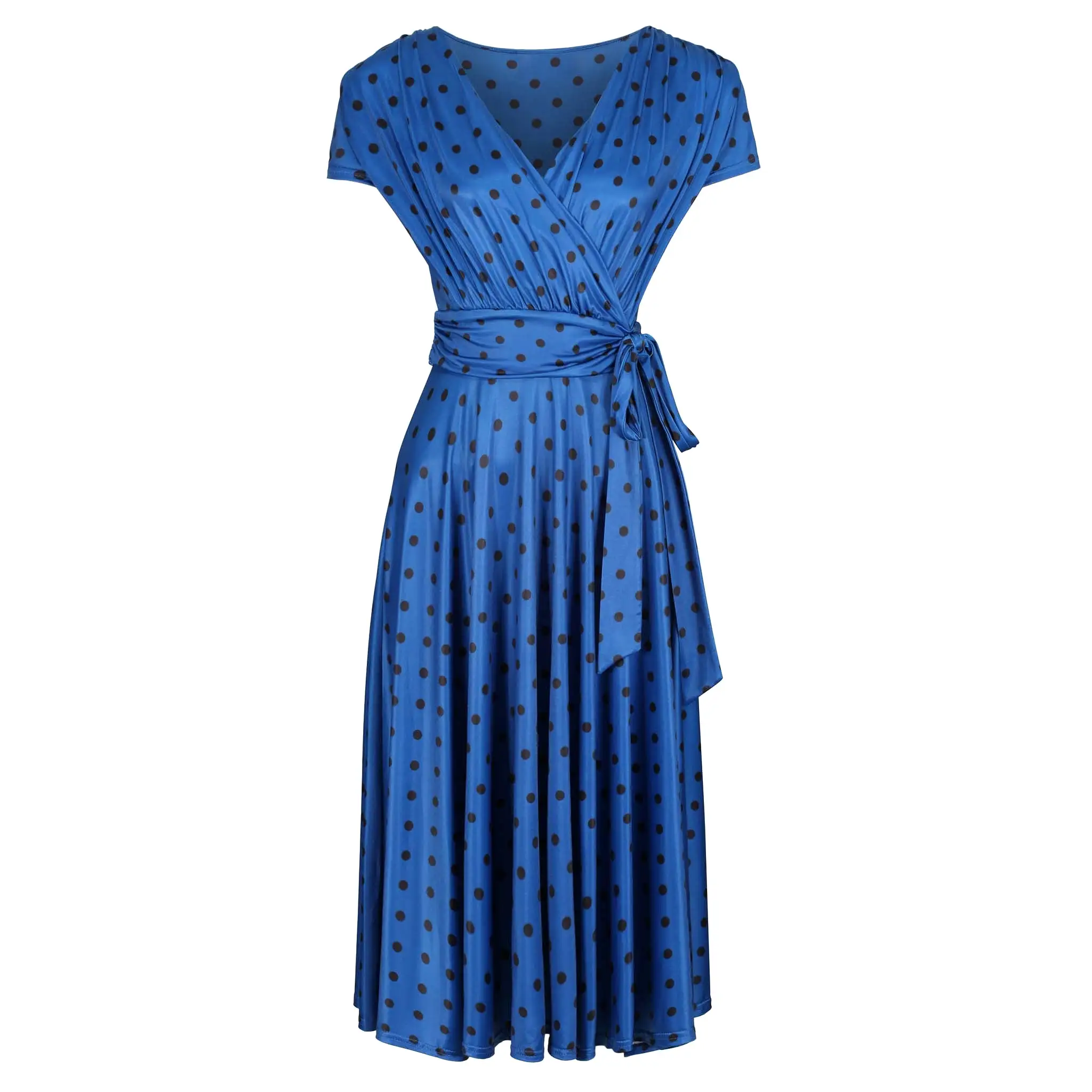 Classic Royal Blue Polka Dot Cap Sleeve Fit And Flare Midi Dress