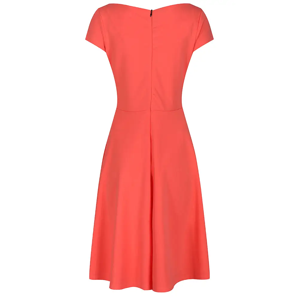 Coral Orange Cap Sleeve Fit And Flare Midi Dress