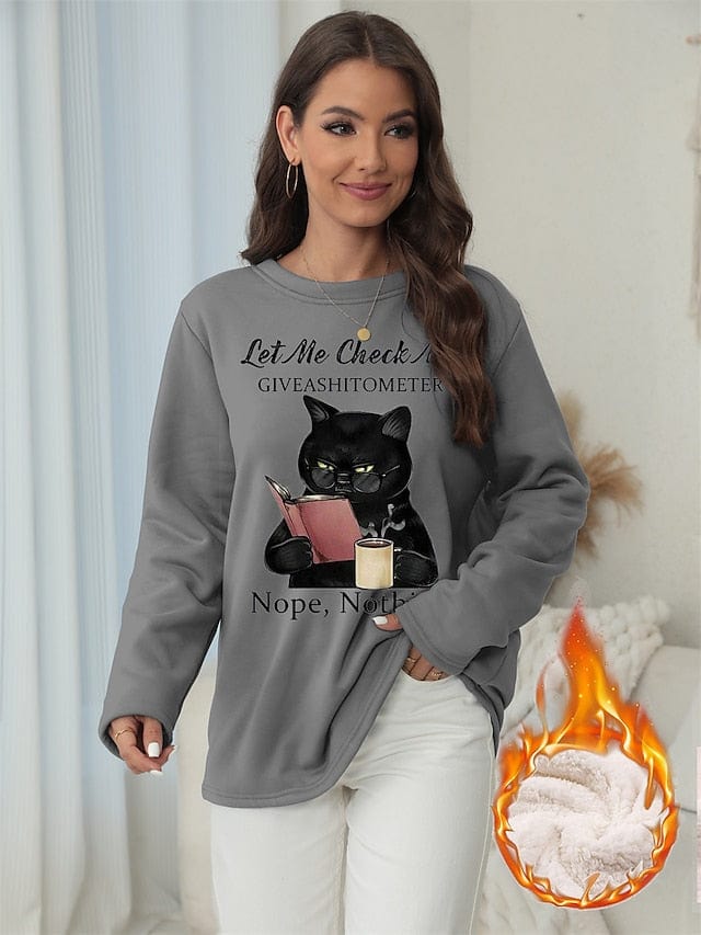 Cozy Vintage-Inspired Cat Print Fleece Sweatshirt for Women