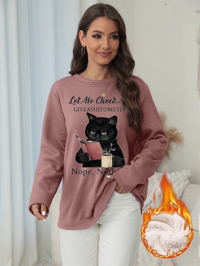 Cozy Vintage-Inspired Cat Print Fleece Sweatshirt for Women