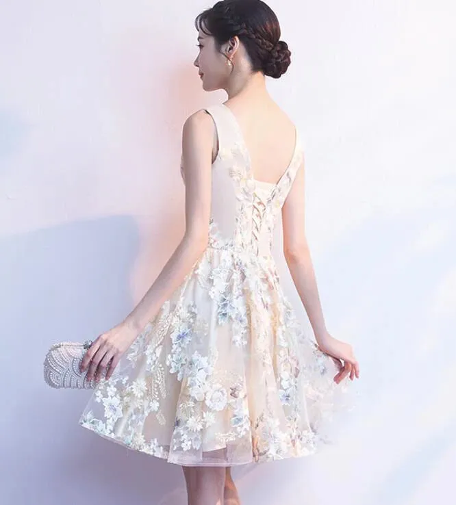 Custom Beautiful Light Champagne V-Neckline Floral Short Party Dressm for  Eloise