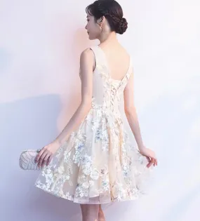 Custom Beautiful Light Champagne V-Neckline Floral Short Party Dressm for  Eloise