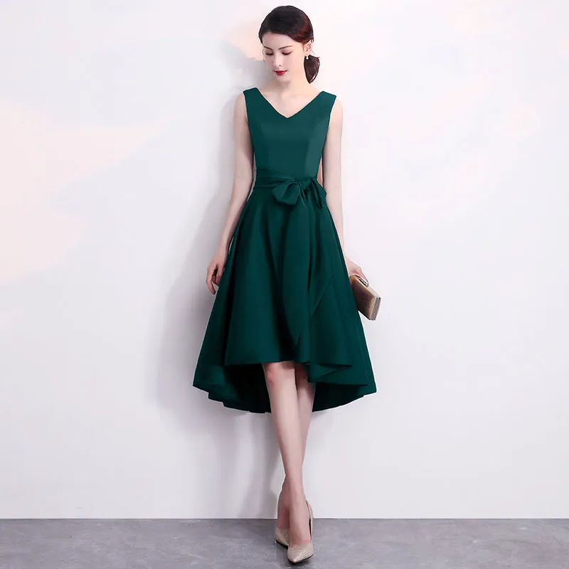 Dark Green V-neckline High Low Short Wedding Party Dress, Green Formal Dress with Belt