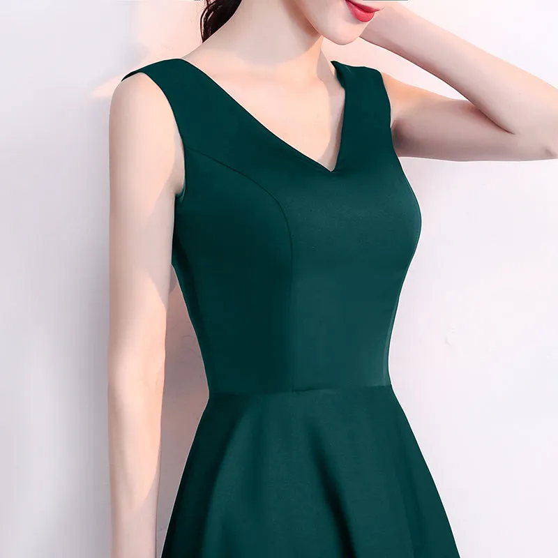 Dark Green V-neckline High Low Short Wedding Party Dress, Green Formal Dress with Belt