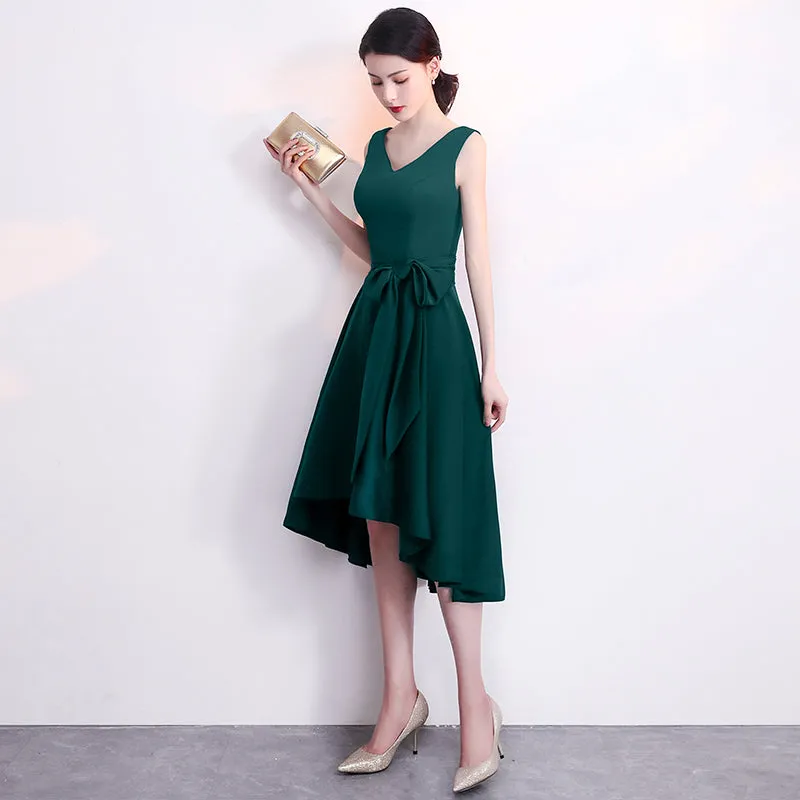 Dark Green V-neckline High Low Short Wedding Party Dress, Green Formal Dress with Belt