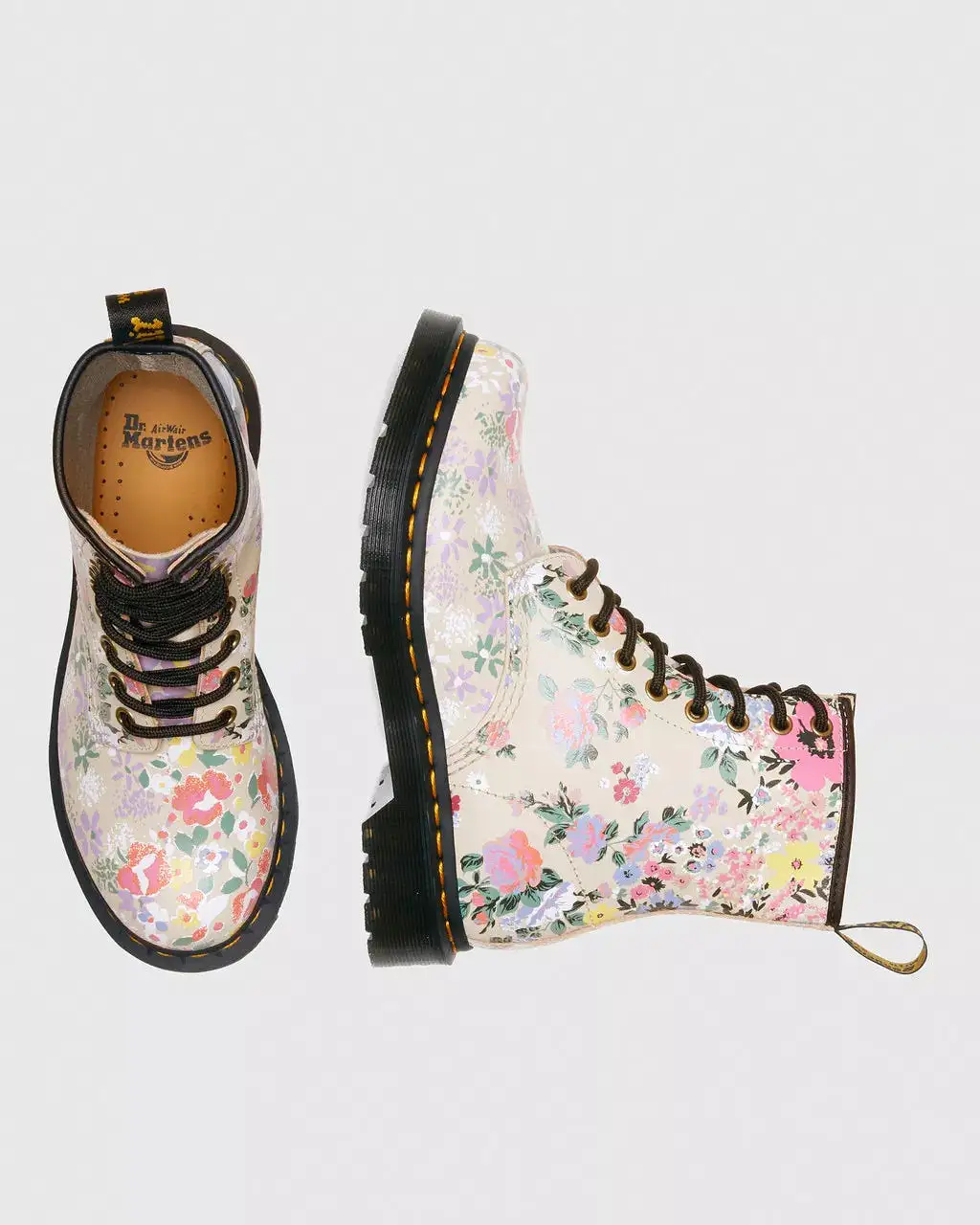 Doc Martens Women's 1460 FLORAL MASH UP LEATHER LACE UP BOOTS (PARCHMENT BEIGE PHANTOM FLORAL SHADOW BACKHAND)