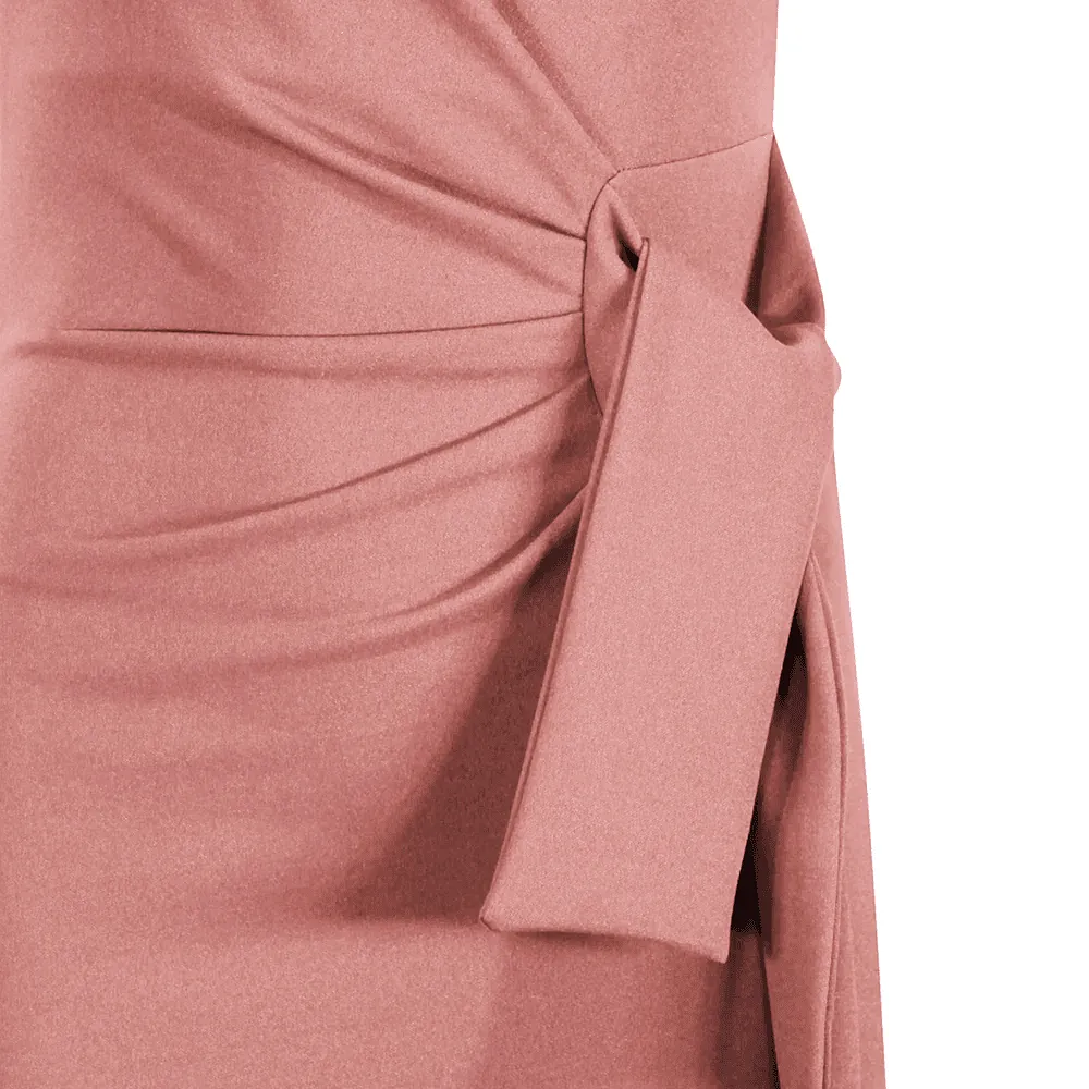 Dusky Pink Short Sleeve Ruched Front Side Tie Bodycon Pencil Dress