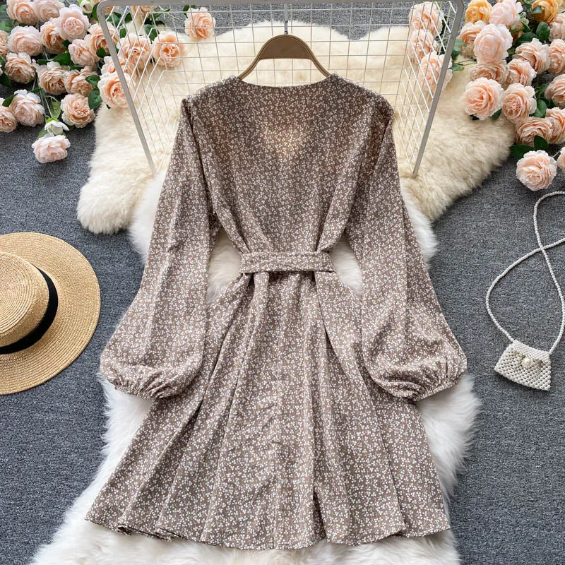 Elegant Vintage Floral Print Casual Mini Dress With Belt Spring Autumn V Neck Long Sleeve Dress