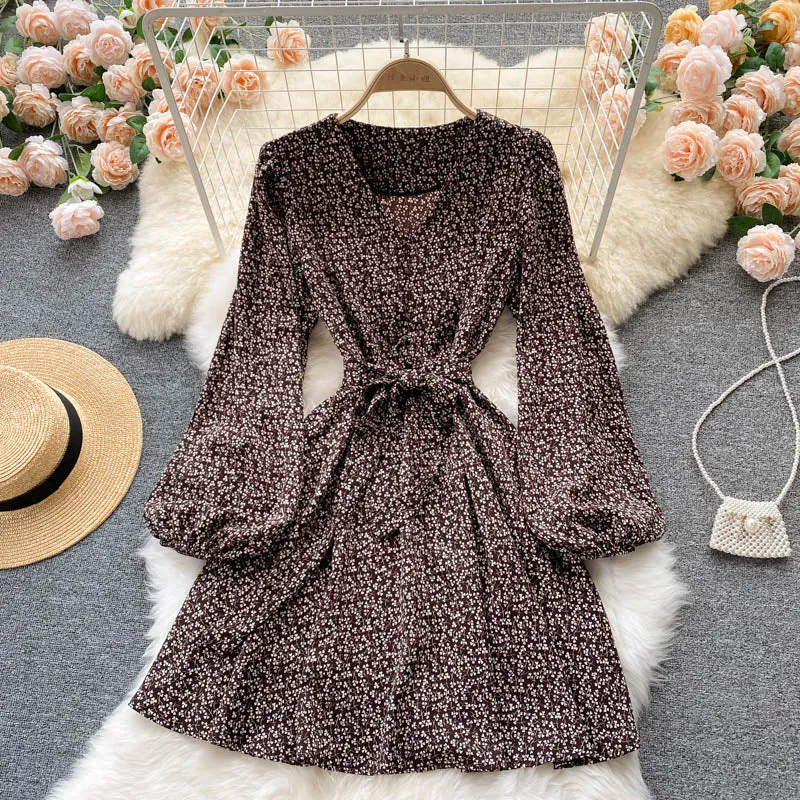 Elegant Vintage Floral Print Casual Mini Dress With Belt Spring Autumn V Neck Long Sleeve Dress