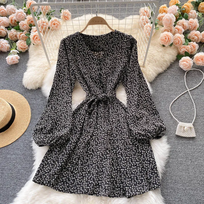 Elegant Vintage Floral Print Casual Mini Dress With Belt Spring Autumn V Neck Long Sleeve Dress