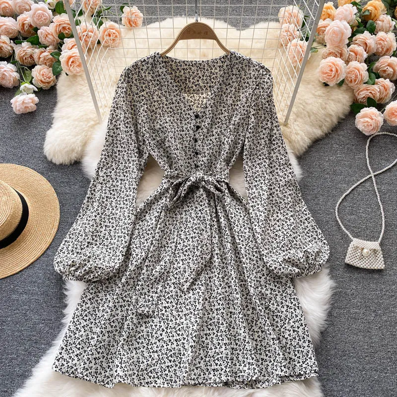 Elegant Vintage Floral Print Casual Mini Dress With Belt Spring Autumn V Neck Long Sleeve Dress