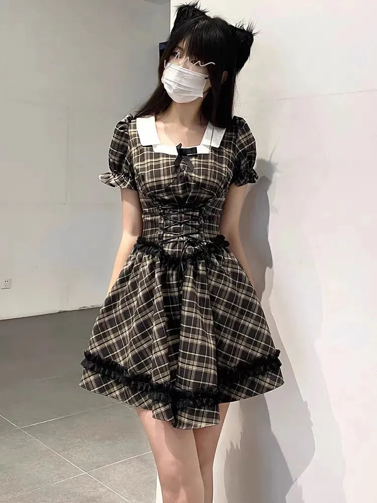 Elegant Vintage Plaid Even Party Y2k Short Sleeve Mini Office Lady Kawaii Korean Dress