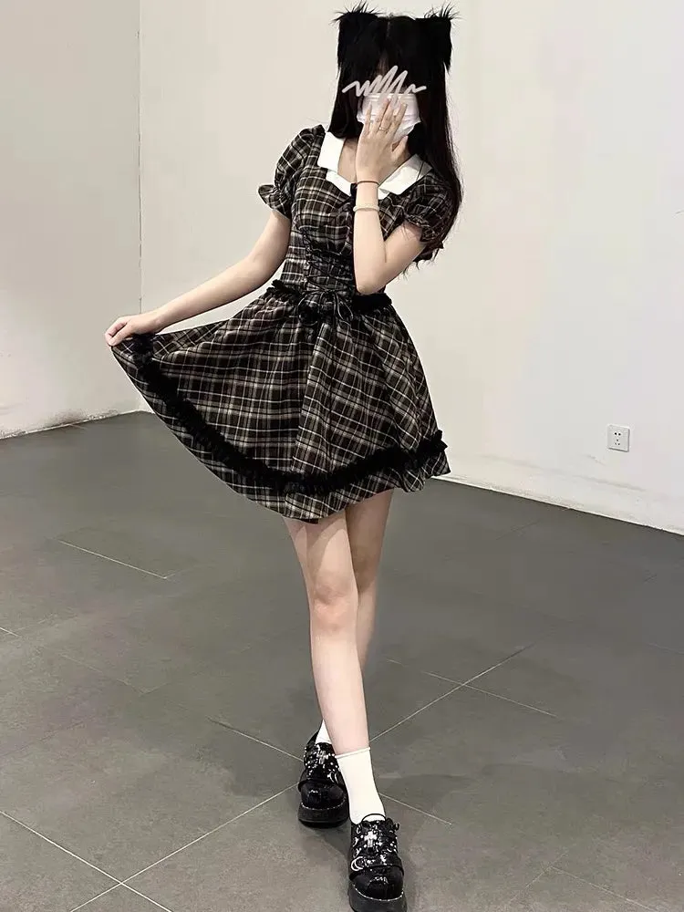 Elegant Vintage Plaid Even Party Y2k Short Sleeve Mini Office Lady Kawaii Korean Dress