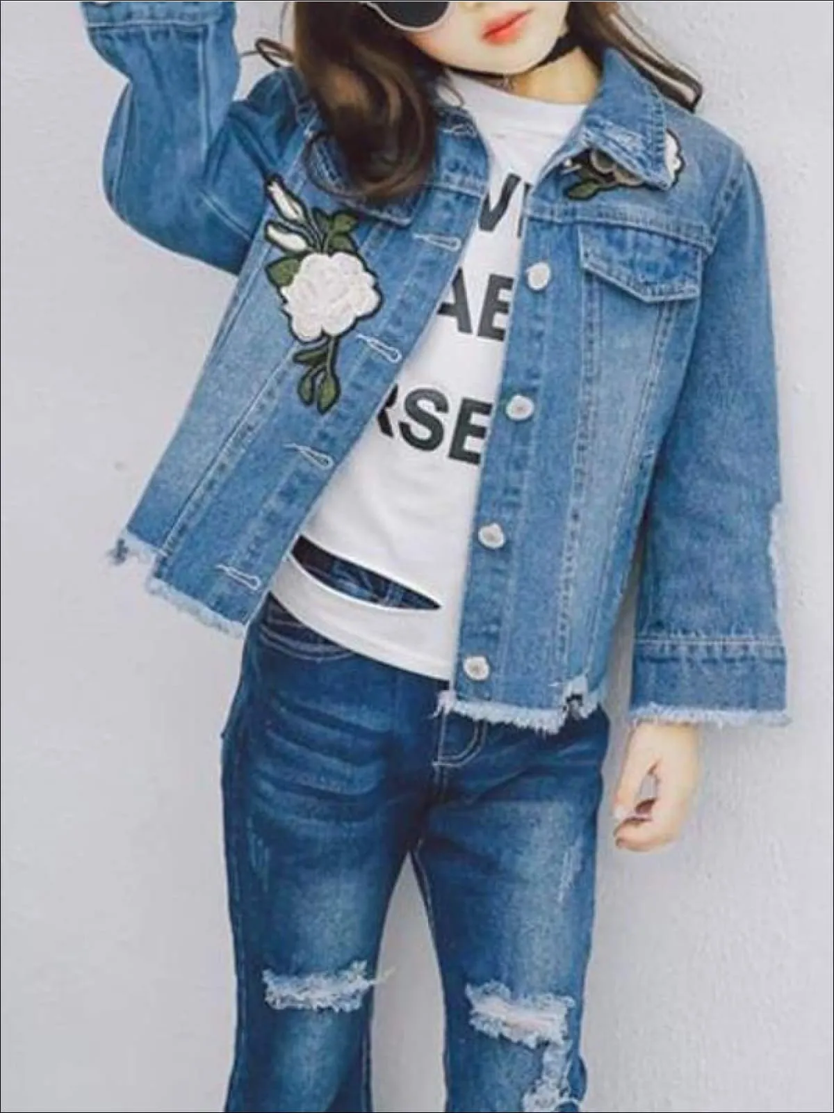 Girls Flower Patch Distressed Frayed Hem Denim Jacket