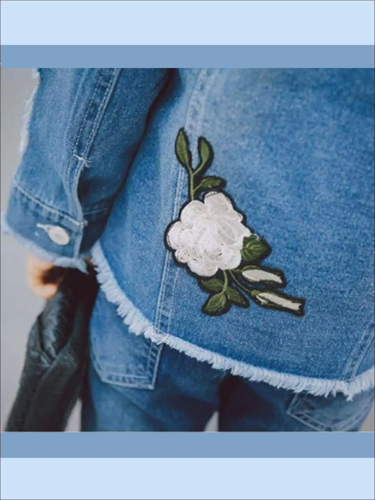 Girls Flower Patch Distressed Frayed Hem Denim Jacket