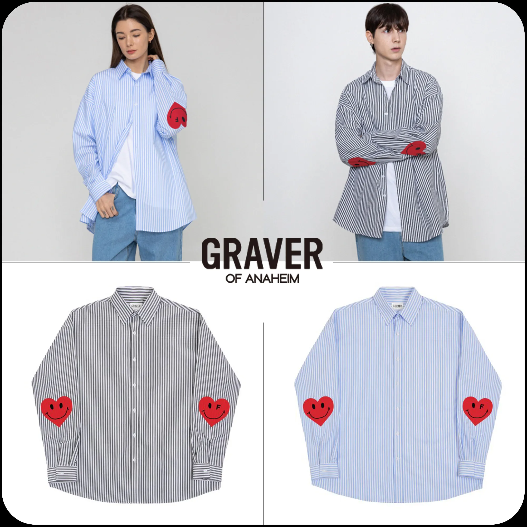 GRAVER  |[GRAVER]★ELBOW HEART SMILE OVERFIT STRIPED SHIRT