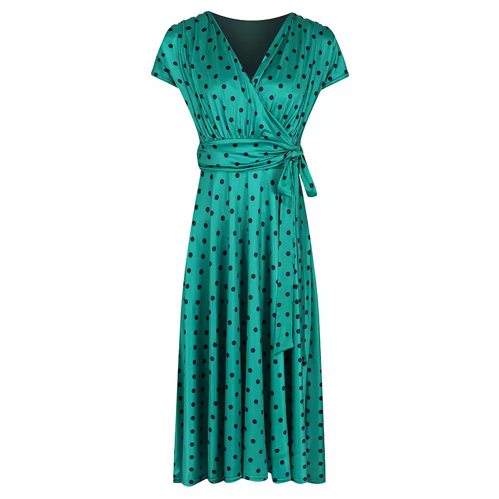 Jade Green Black Polka Dot Cap Sleeve Fit And Flare Midi Dress