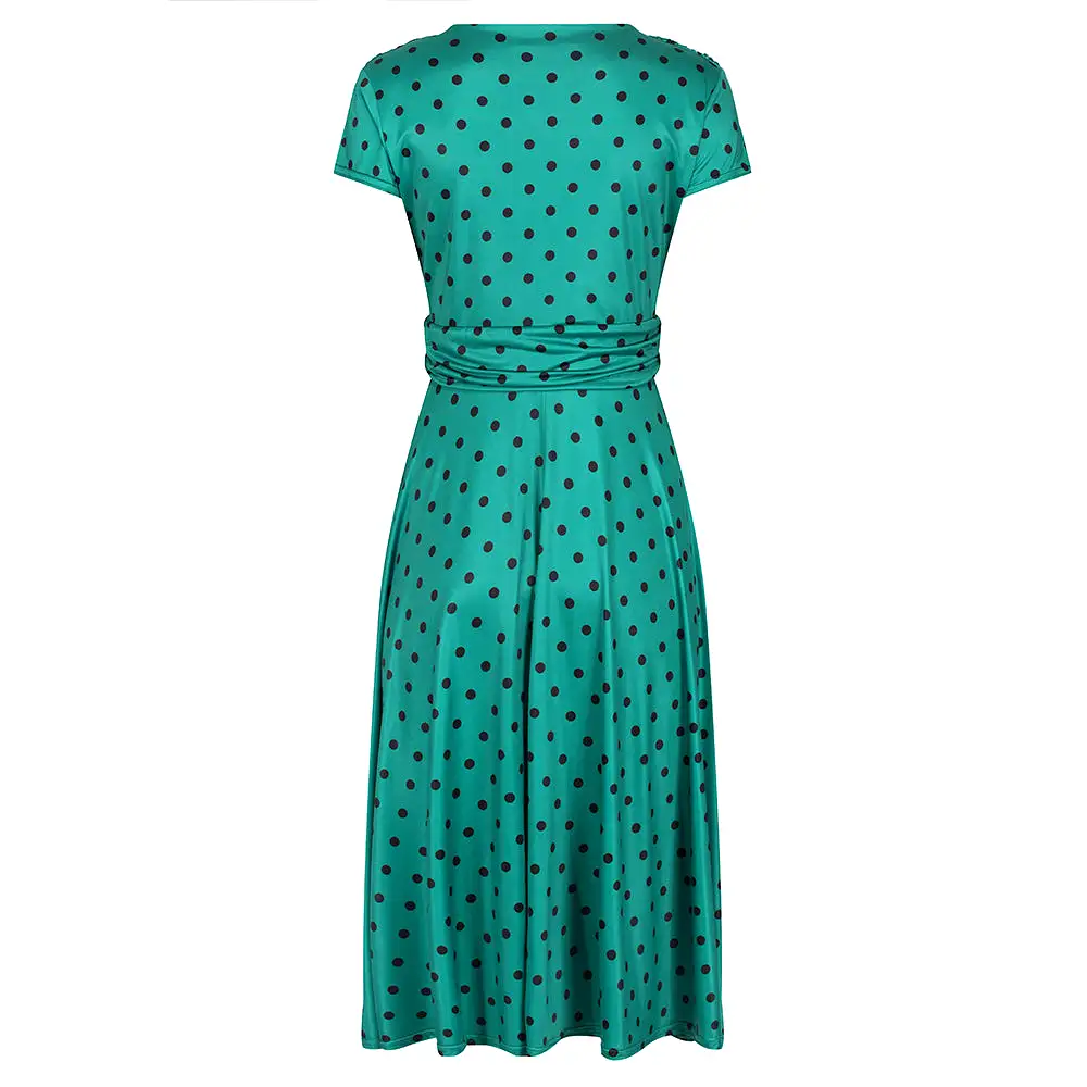 Jade Green Black Polka Dot Cap Sleeve Fit And Flare Midi Dress