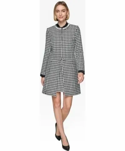 Karl Lagerfeld Paris Womens Houndstooth Zipped Jacket Houndstooth Miniskirt Tie Neck Long Sleeve Satin Blouse