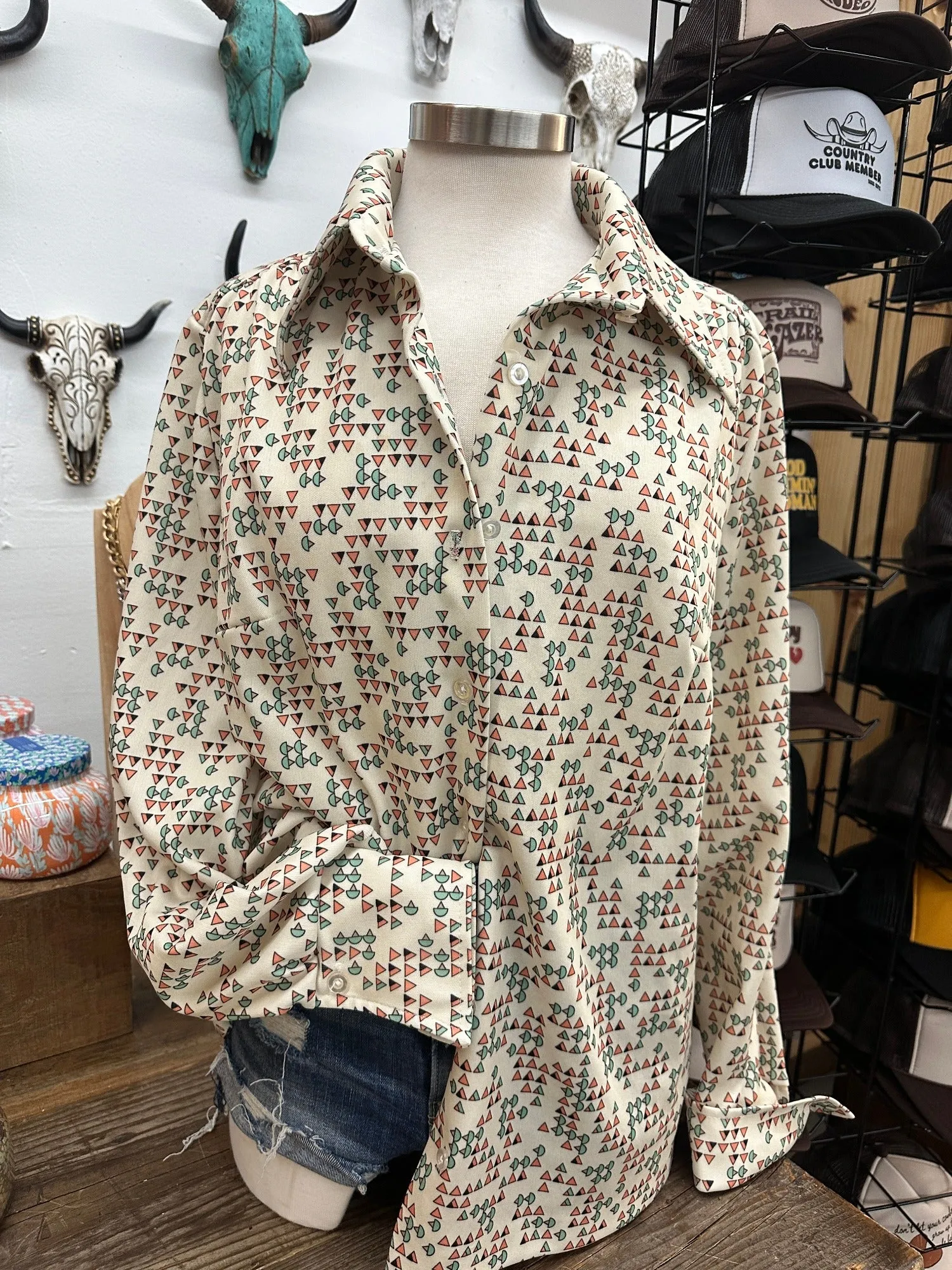 Lady Devon Retro Geometric Print Vintage Button Up Blouse