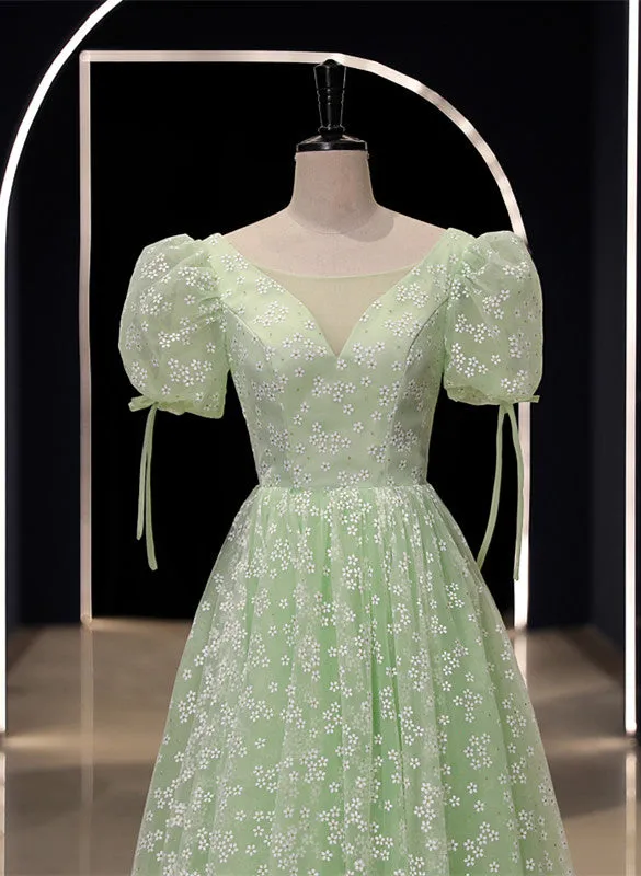 Light Green Floral V-neckline Short Sleeves Party Dress, A-line Green Formal Dress