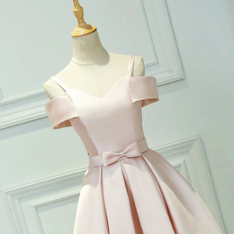 Light Pink Satin Knee Length Off Shoulder Party Dress,  Short Pink Homecoming Dress