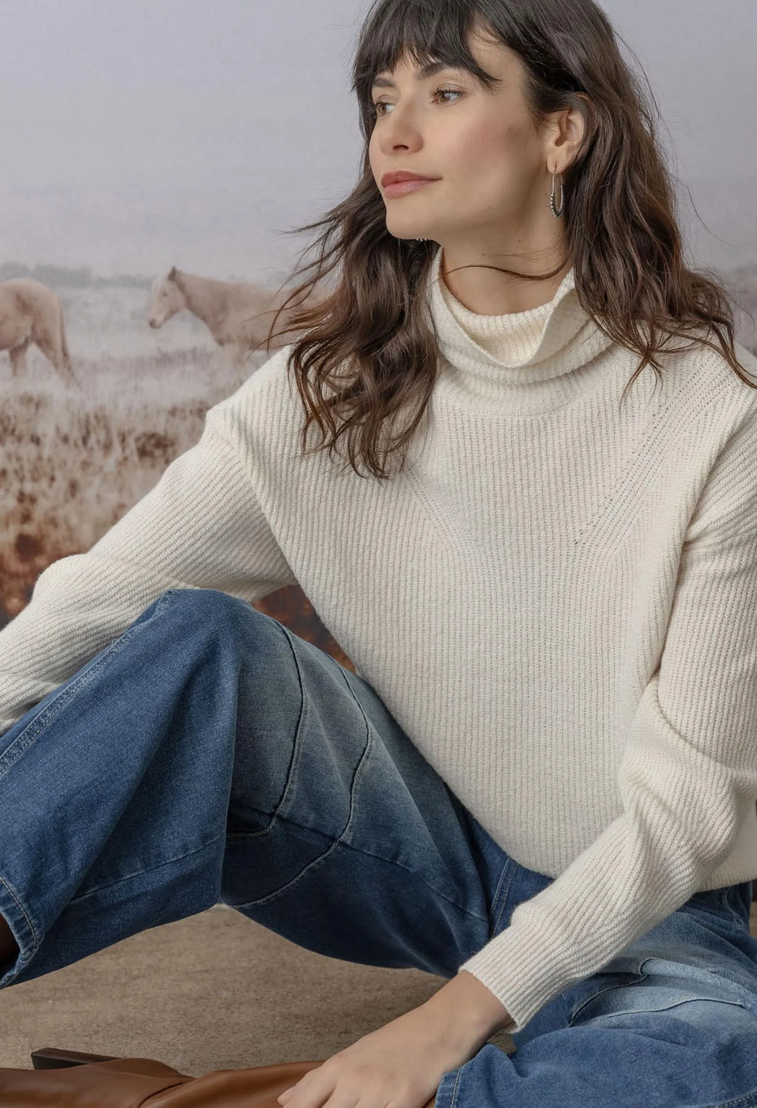 Lilla P Relaxed Rib Turtleneck Sweater in Off-White