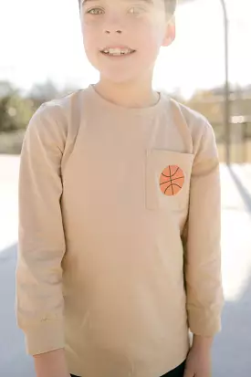 Little Paper Boat - Tan LS Pocket Tee - Basketball