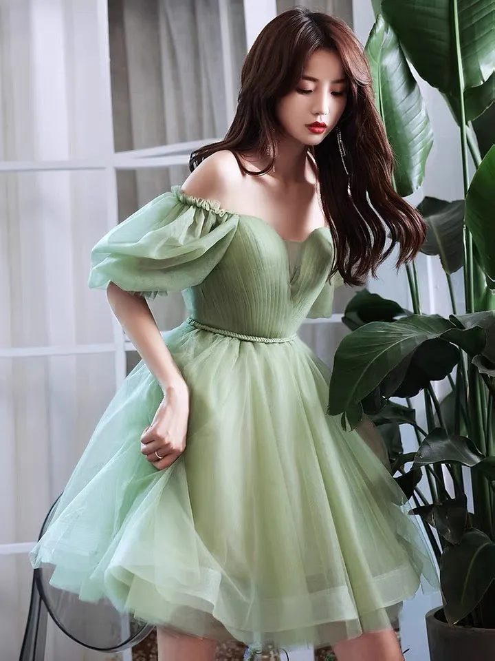 Lovely Green Short Tulle Off Shoulder Party Dress, Green Homecoming Dress Formal Dress